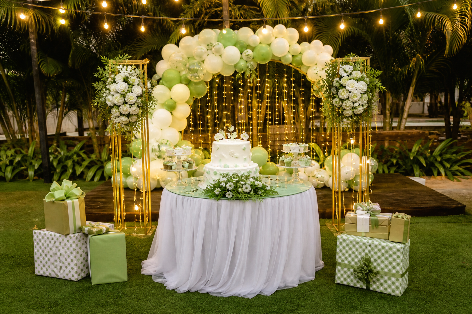 Birthday party setup with a balloon arch, cake table and fairy lights