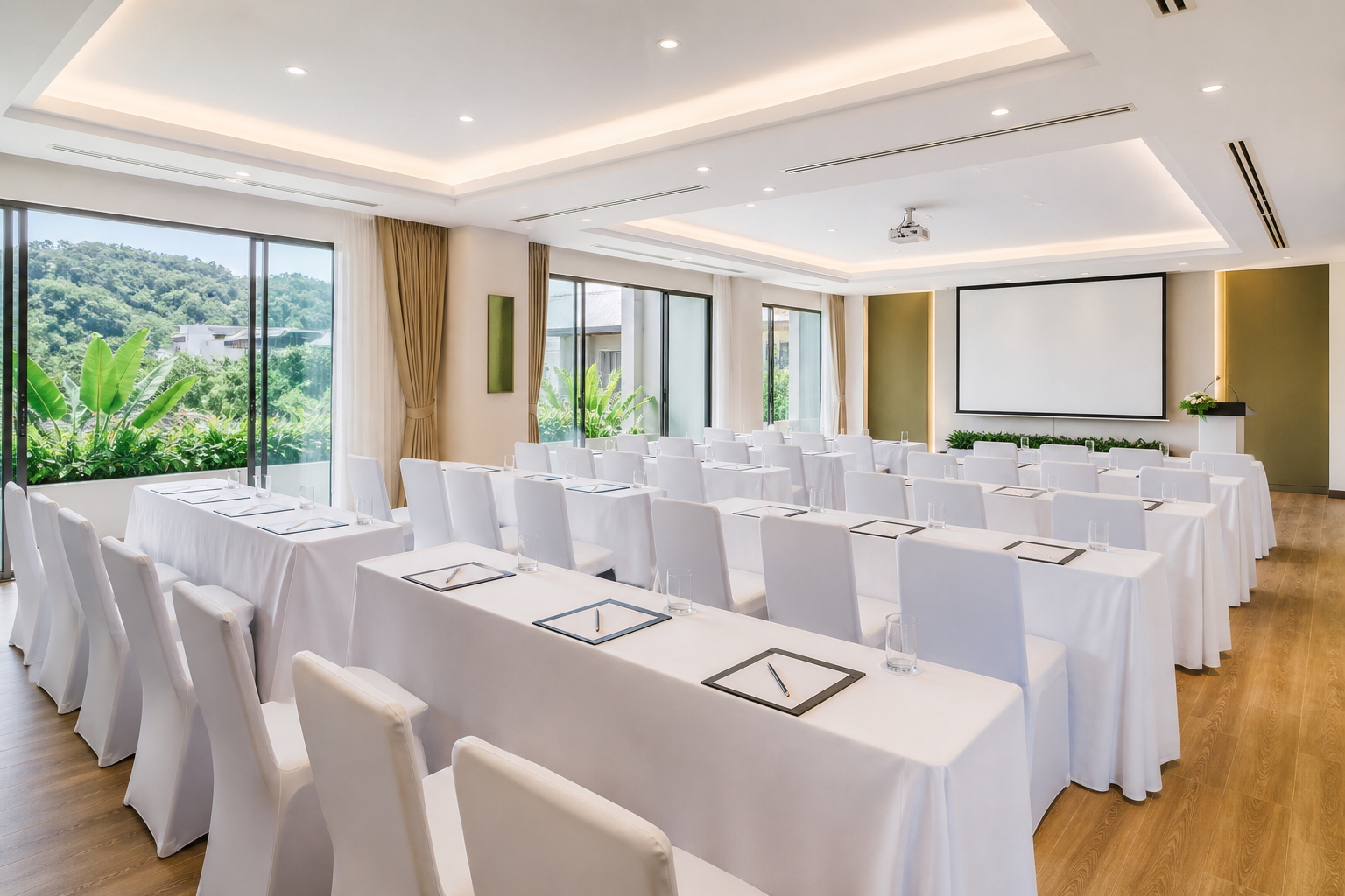 Banquet hall set for a reception