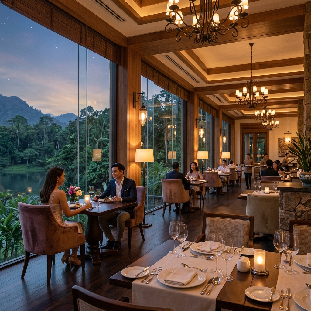 Resort restaurant with large windows facing the forest
