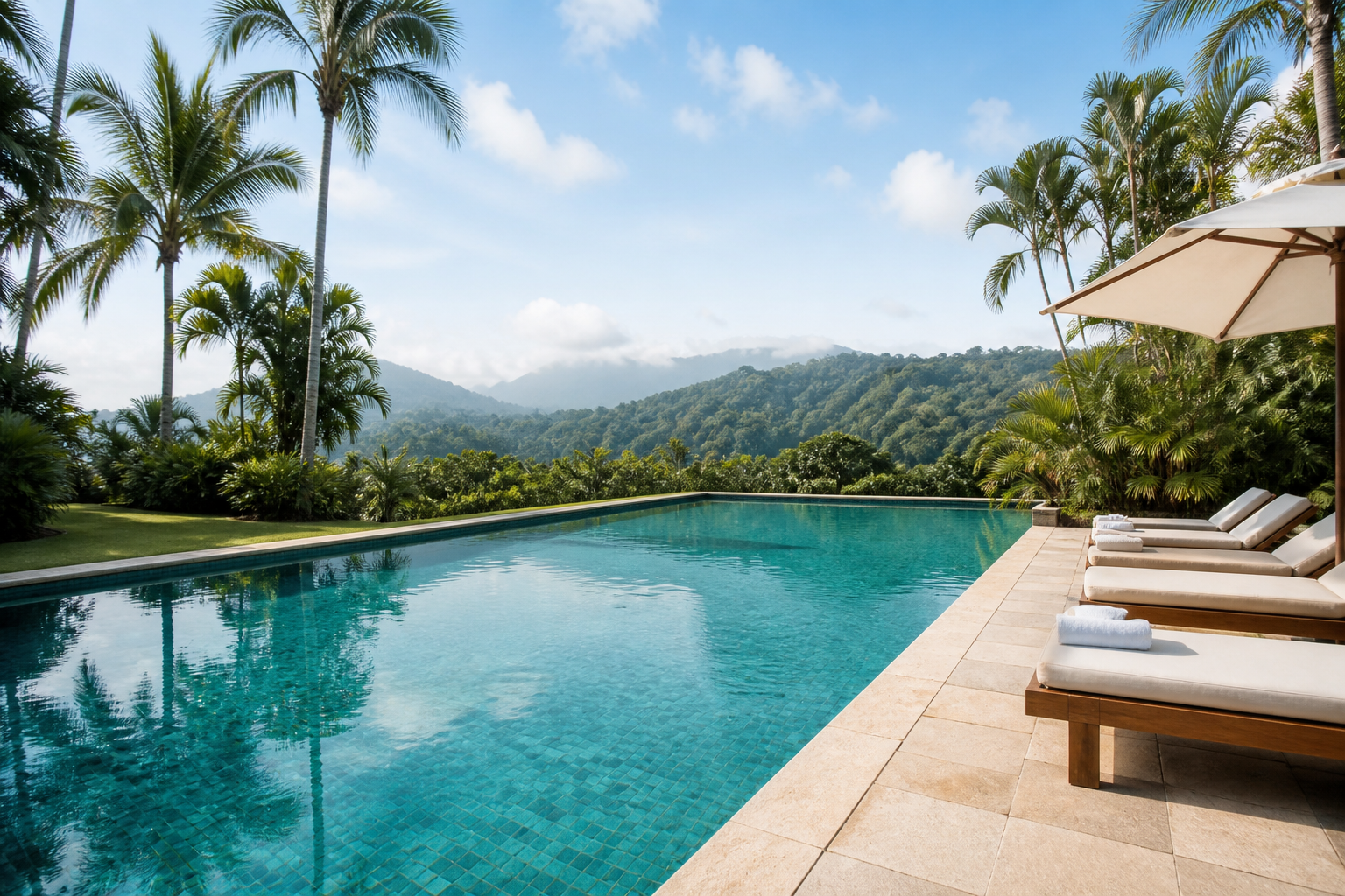 Outdoor swimming pool surrounded by palms and hills