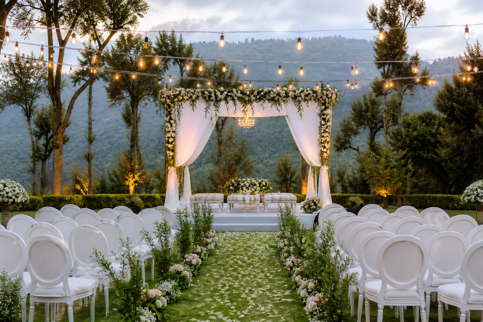Outdoor wedding mandap on a green lawn lit with fairy lights